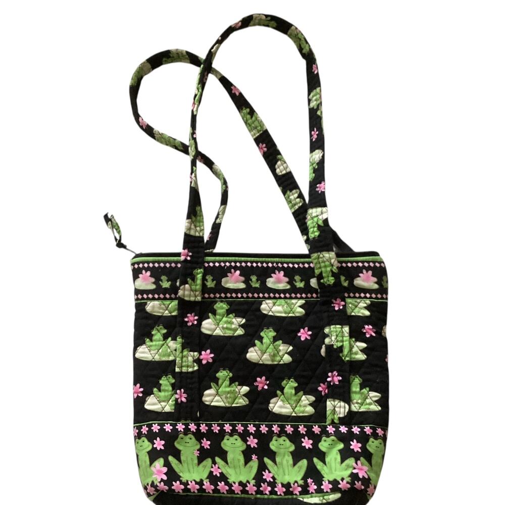 Frog and Flowers Quilted Fabric Satchel Purse Zipper Close Tote Lily Pad